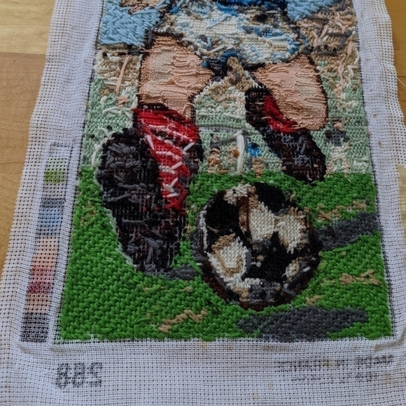 VINTAGE Big Eye Boy Needlepoint Soccer Player Completed embroidery Retro @K - Picture 7 of 8